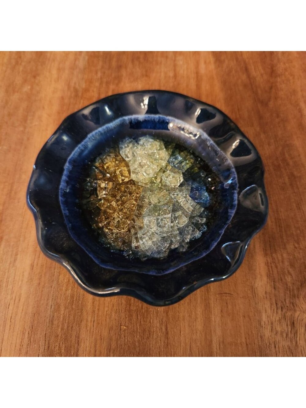 Handmade Blue Ceramic Dish With Cracked Glass Centerpiece 3.5/8 Inches Wide